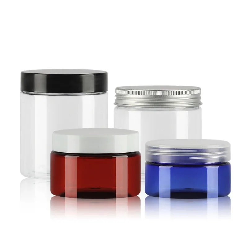 

30pcs*100/150/200/250G Cream Jar Empty Cosmetic Container Plastic Makup Tins Refillable Canister Packing Pot Cans Aluminum Cap