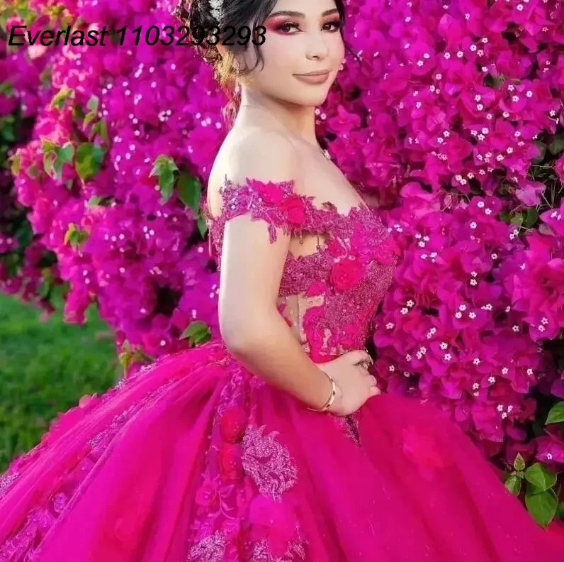 EVLAST Fuchsia Quinceanera Dress Ball Gown Floral Applique Beaded Crystal Mexico Sweet 16 Vestido 15 De A&ntilde;os TQD252