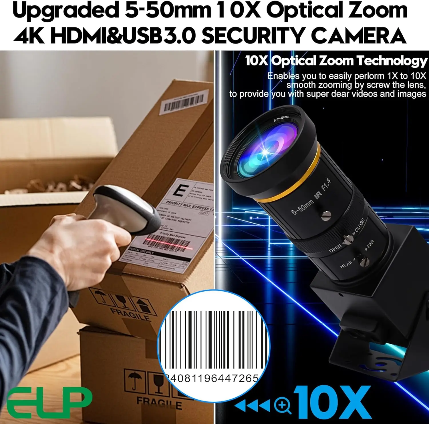 ELP HDMI USB3.0 Webcam 4K 60FPS High Speed Mini Camera IMX415 Varifocal Lens Manual Zoom HD Video Capture Camera For Fast Moving