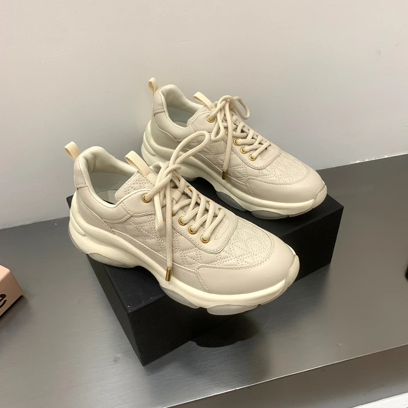 Dave&Di British Fashion Casual Quilted Stitching Leather Flat Shoes Women's Vulcanized Shoes Women Rise Sneakers