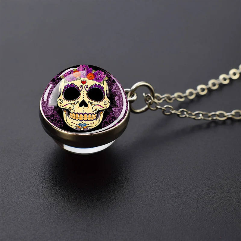 Sugar Skull Glass Ball Pendant Necklace Day of The Dead Aztec Art