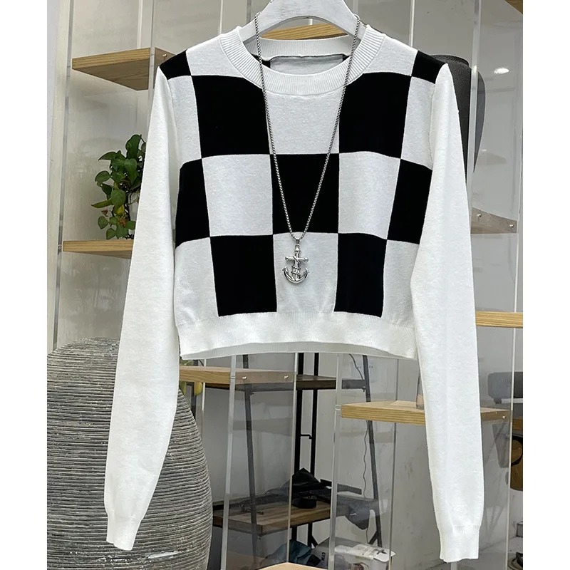 

FUAMOS New Personalized Chessboard Plaid Short Sweater Women's Spring Autumn Thin Retro Loose Top Casual Clothes