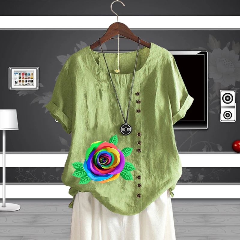 

Women's Casual Style Popular Printed Loose Linen Short Sleeve Flower Pattern Shirt Round Neck T-Shirt Pullover Top for Lady