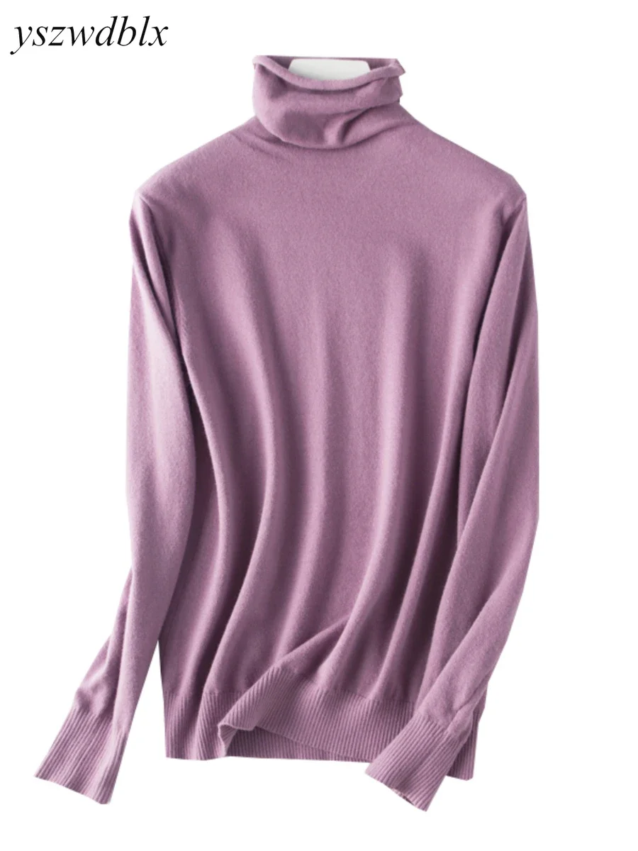 YSZWDBLX Womens Pullovers Turtleneck Solid Slim Fit Korean Bottoming Shirts Autumn Winter Casual Jumper Knit Wear Purple Sweater