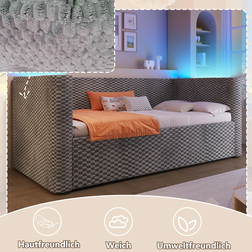 90 x 200 cm großes Samt-Tagesbett mit LED-Beleuchtung, modernes Schlafzimmer-Schlafsofa mit hydraulischem Aufbewahrungsmechanismus, Gitter, ohne Matratze – Detail 16