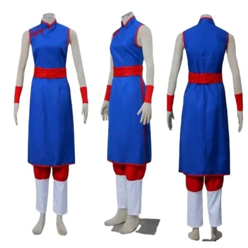 

Anime Hero Chichi Cosplay Costume Woman Blue Cheongsam Top Pants Belt Set Halloween Party Comic-with Combat Uniform Battle Gown