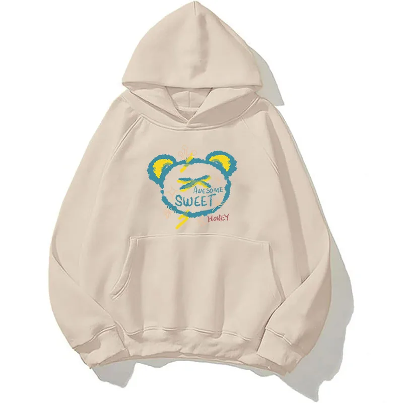 YRYT Women's Hoodies Blue Bear Print Drawstring Vintage Drop Shoulder Sweatshirt Thermal Long Sleeve Pullover Sweatshirt