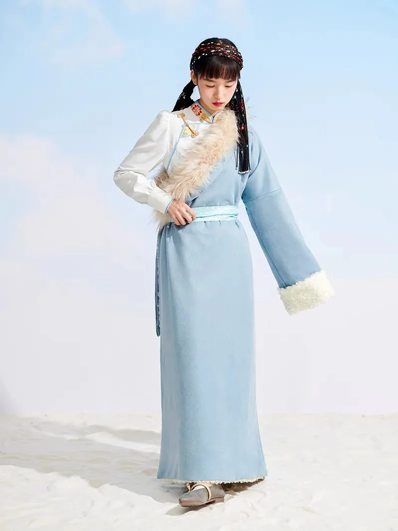 Tibetan Gowns Women's Blue Wool Collar Xizang National Costume Winter Tibetan Skirt