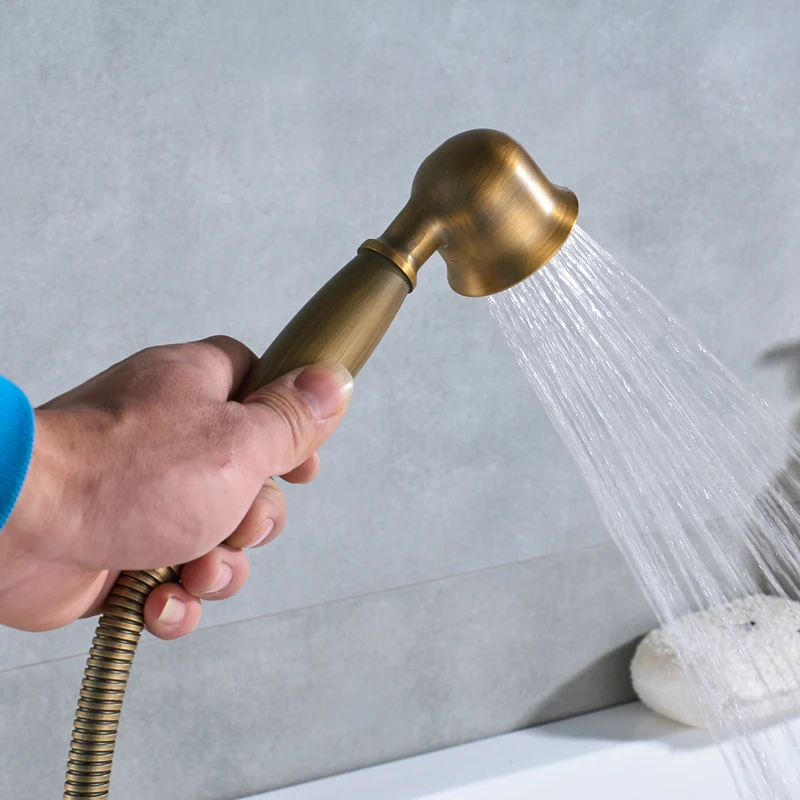 Antique Brass Bathroom Floor Mount Bathtub Filler Freestanding Bathtub Faucet Dual Handles Shower Set With Handshower Mixer Tap 2