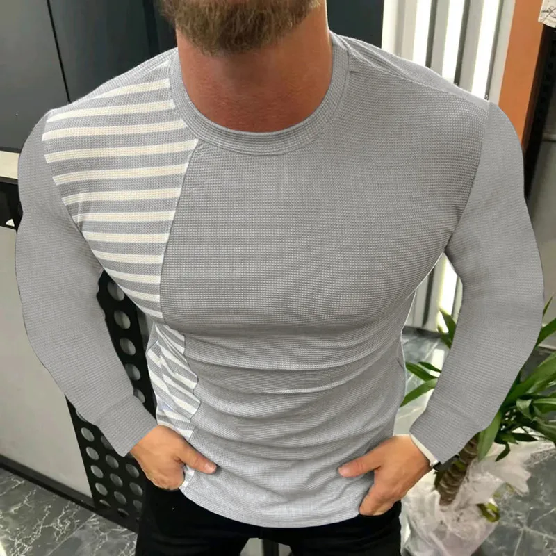 Spring and Autumn Stitching Striped Slim Round Neck Sweater Men's Youth Sports Outdoor Long-sleeved T-shirt