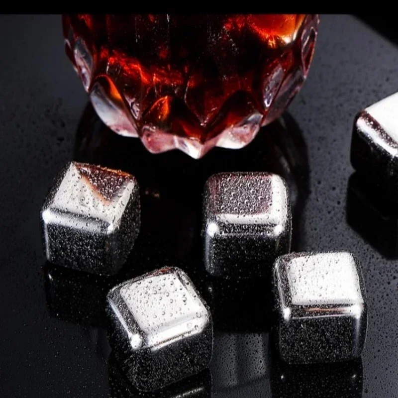 6Pcs Stainless Steel Ice Block Set with Ice Clamp Reusable Stones Whiskey Wine Cooling Cube Bartenders Tools Accessories