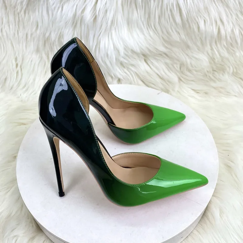 

Black Green Black White Gradient Color Women Pointy Toe Glossy Stiletto Pumps Sexy Ladies 12cm High Heel Party 10cm Shoes