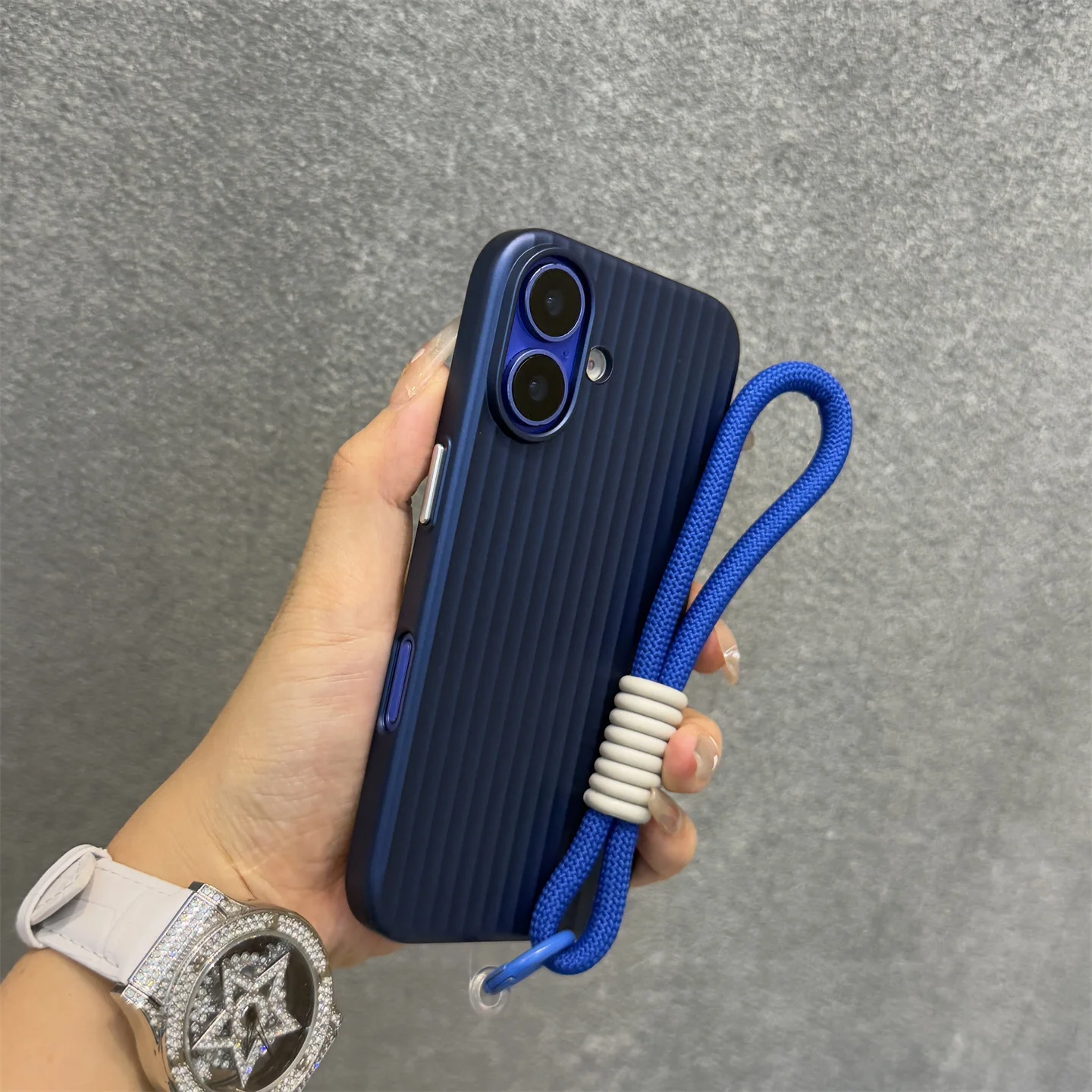 Luxury Titanium Gray Lanyard Phone Case with Metal Buttons and Grating Design