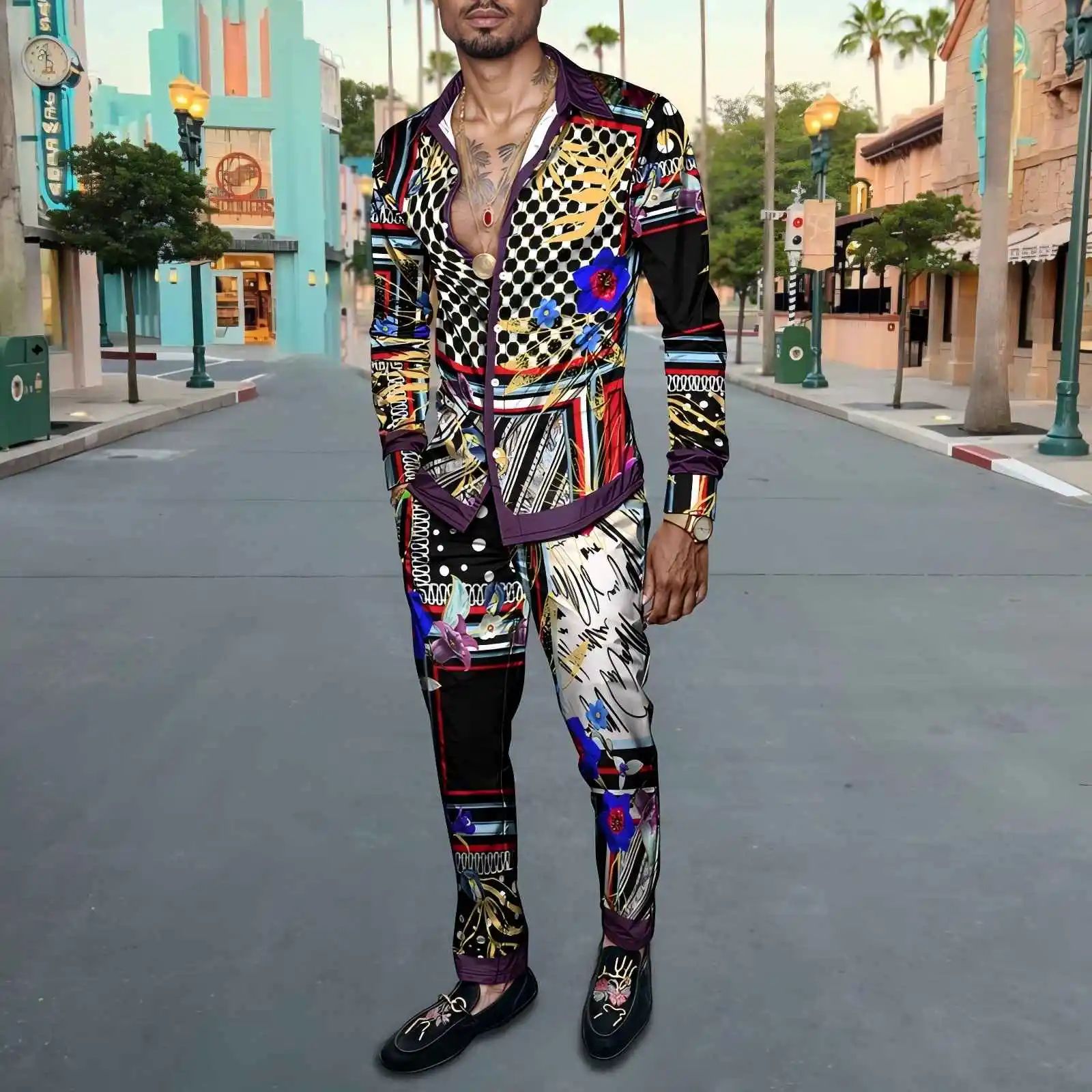 2025 Spring Summer Men Shirt Set Brand Print Fashion Printing Two Piece Set Mens Light Luxury Lightweight Party Long Sleeves_voghion.com