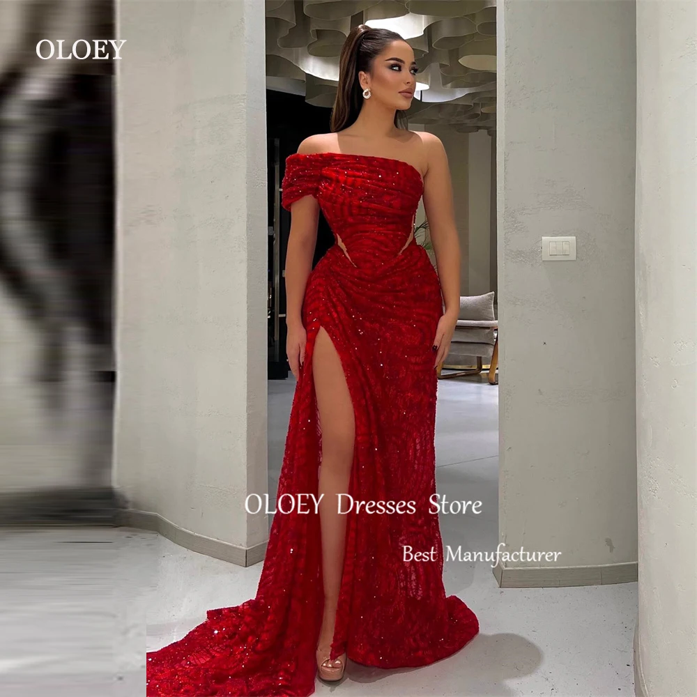 

OLOEY Shiny Red Evening Dresses Dubai Arabic Women One Shoulder Split Glitter Prom Gowns Long Celeebrity Party Dress 2024