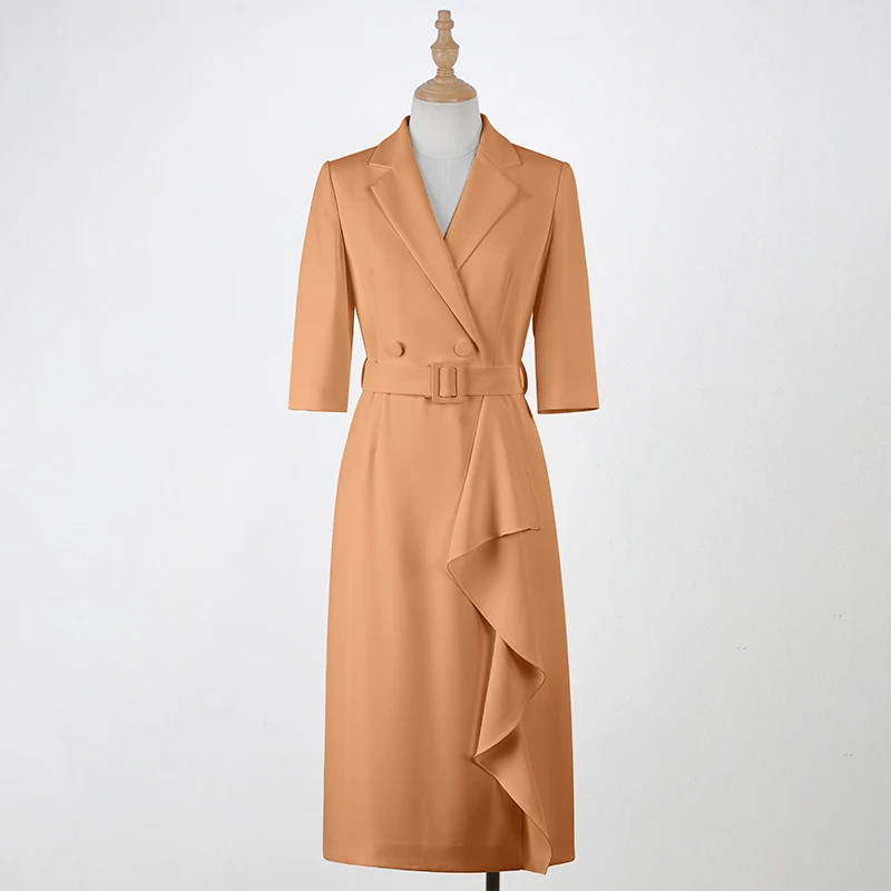 

Women's lapel fashion summer blazer belt ruffle dress