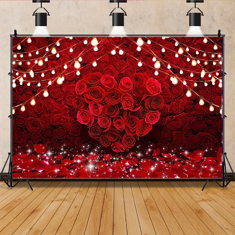 

SHENGYONGBAO Pink Bokeh Valentine's Day Photography Backdrops Prop Anniversary Glamorous Red Rose heart Shaped Background AL-23