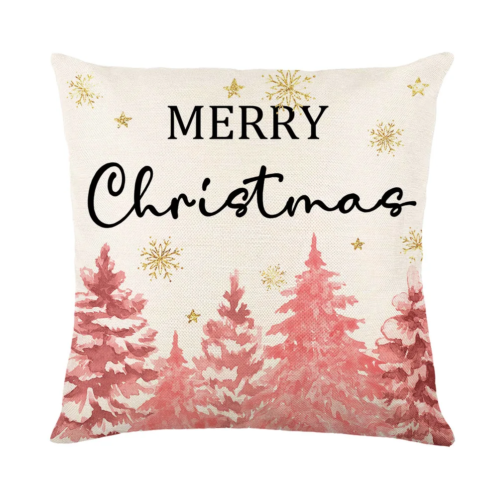 Merry Christmas Pink Cushion Cover Santa Claus Sleigh Car Reindeer Print Pillowcases Xmas Farmhouse Home Decor Sofa Pillow Cover