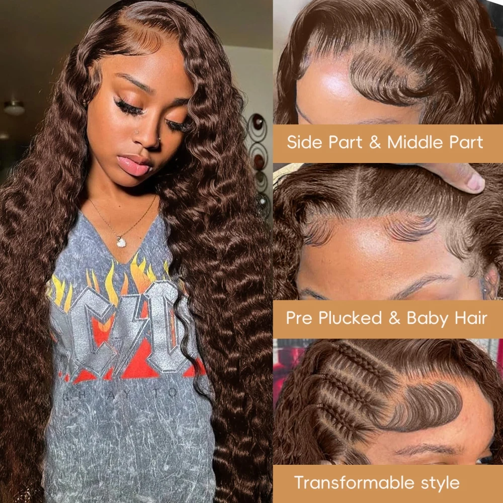 Human Hair Wig Chocolate Brown Full Lace Wig Human Hair Peruvain Remy Hair Transparent Lace Front Wig Deep Wave Pre Plucked