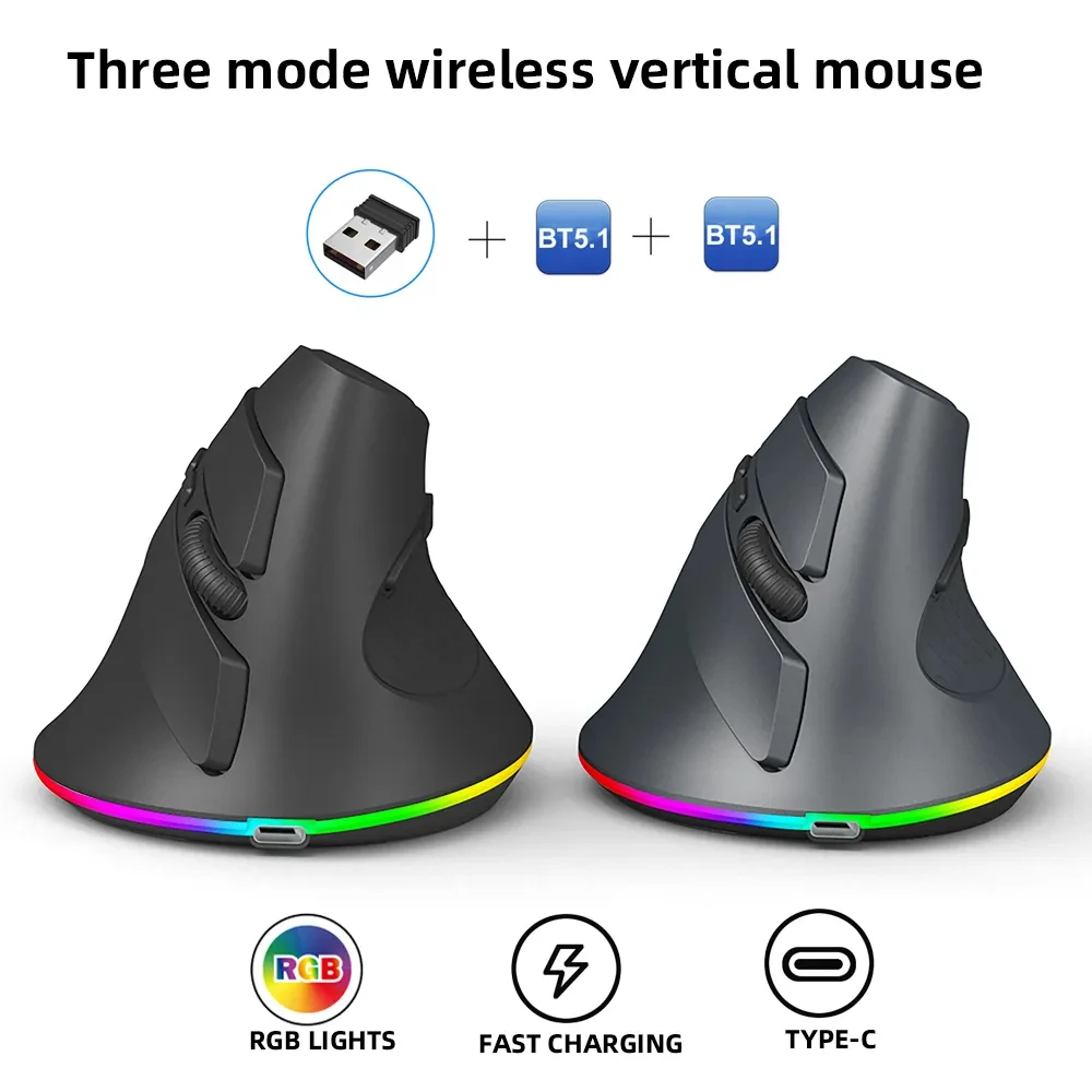 3 Modes Wireless Vertical Mouse Wired Macro Programmable RGB Ergonomics Game Mause 3200DPI USB Optical Mice for PC Laptop Tablet