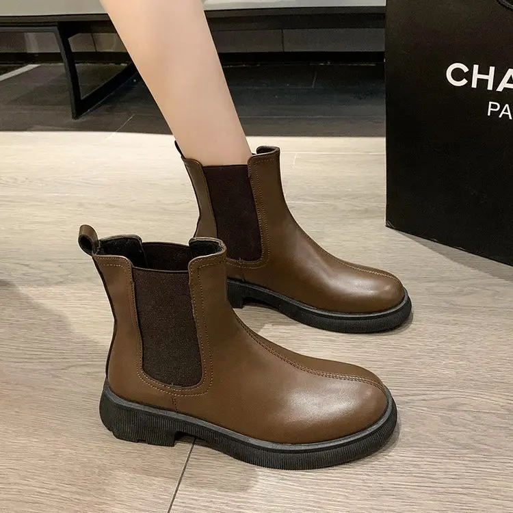 The * Row New Chelsea Boots Thick-Soled Leather Boots round Toe Smoke Pipe Boots Short Boots Women Autumn and Winter