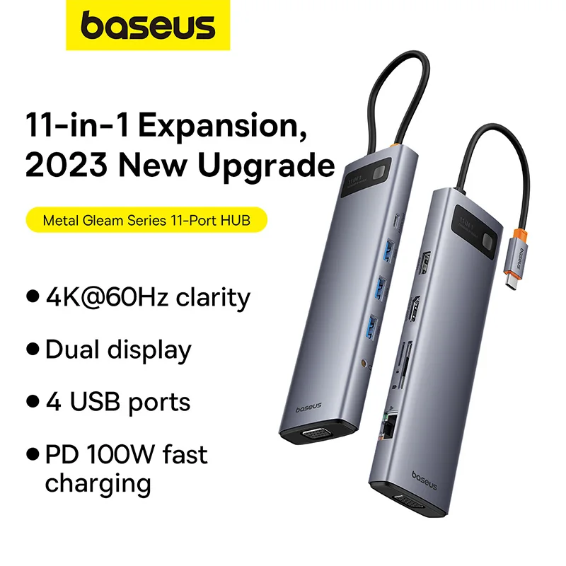 

Baseus Metal Gleam Series 11-Port HUB Space Grey Type-C to HDMI VGAUSB3.0*3 USB2.0*1 PD*1 RJ45*1 SDTF*1 3.5mm*1