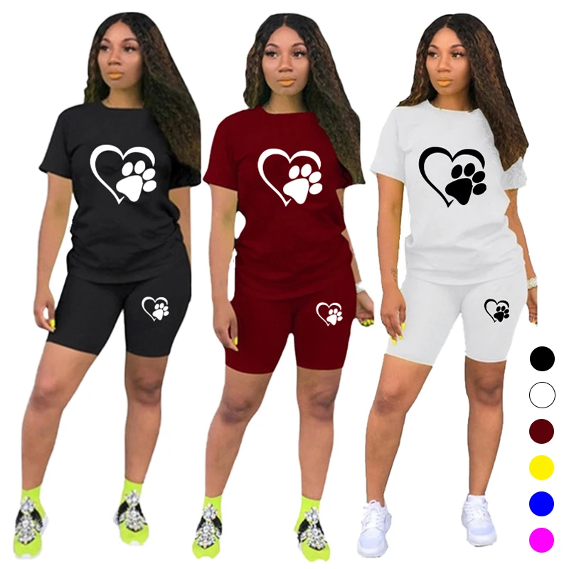 Women Cat Paw Printed Solid Sporting Casual Two Piece Set Short Sleeve Tee Top Biker Shorts Suit Tracksuit Outfits