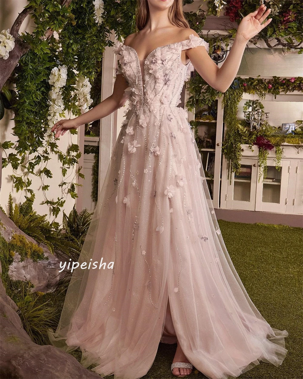 Prom Dress   Jersey Flower Beading Sequined Ruched Beach A-line Off-the-shoulder Bespoke Occasion Gown Long es