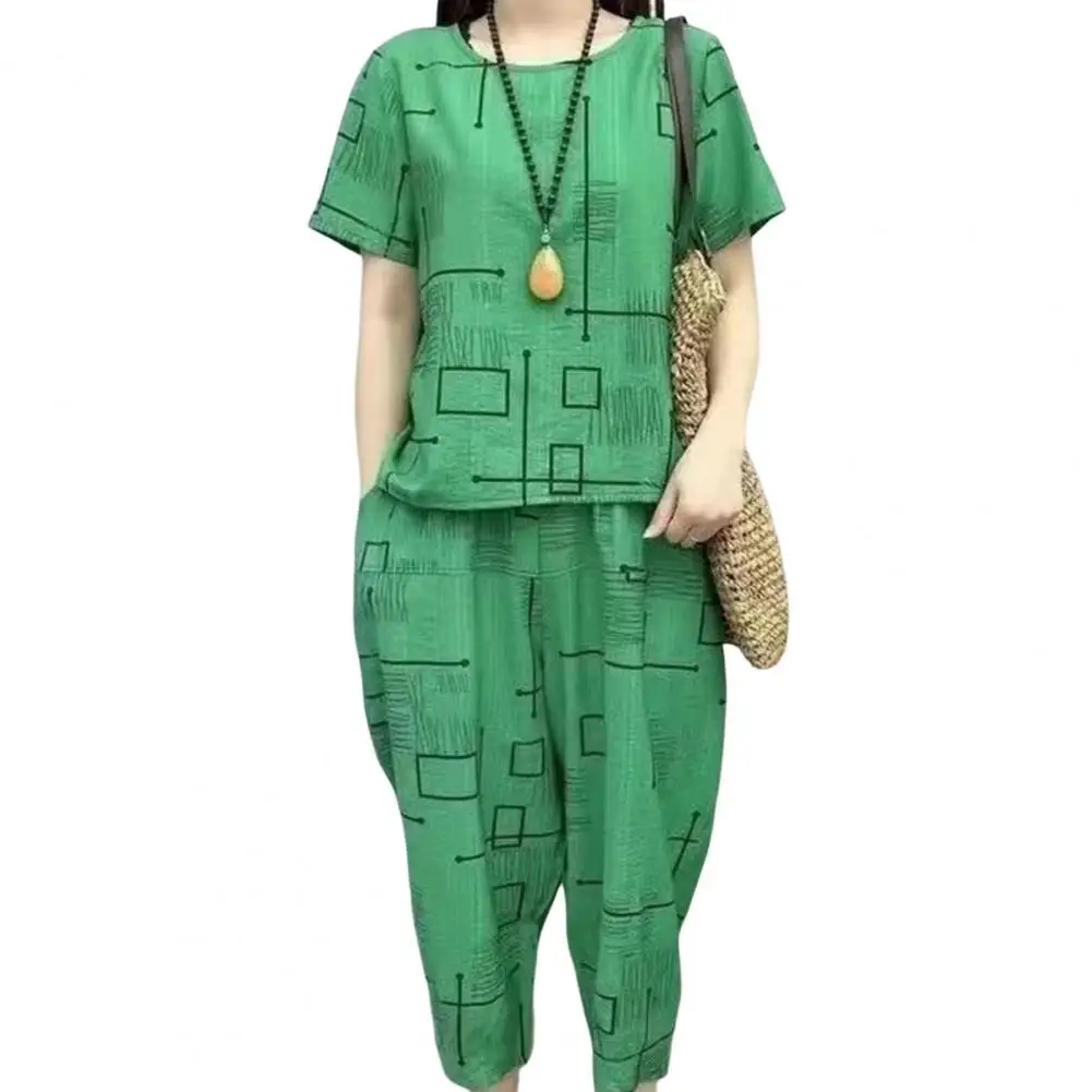 

2 Pcs/Set Women T-shirt Pants Set Summer Sets For Women 2 Pieces Geometric Print Loose Short Sleeves Vintage Women Summer Suit