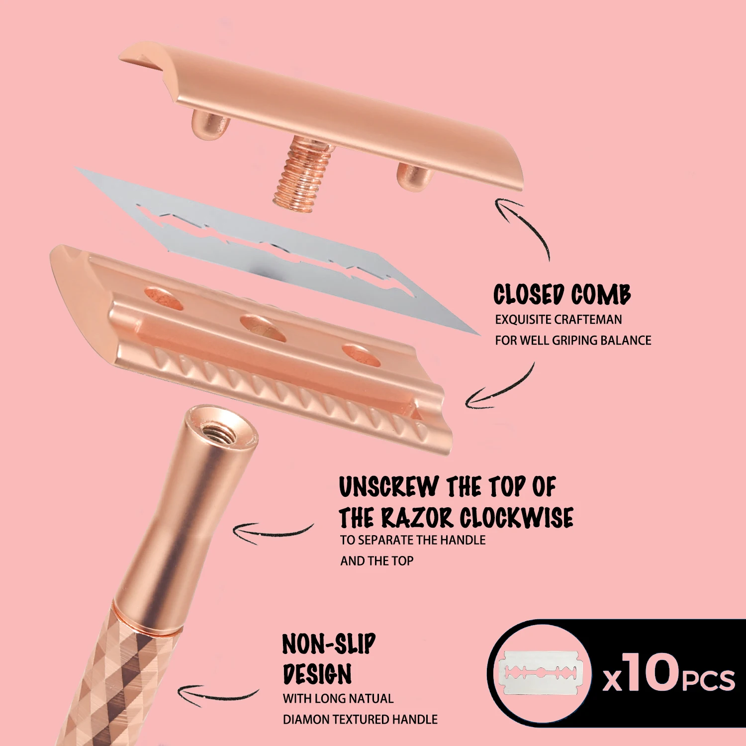 Safety Razor with Stainless Steel Weighted Handle and 10 Double Edge Safety Blade Refills,Single Blade Razor for Men 3