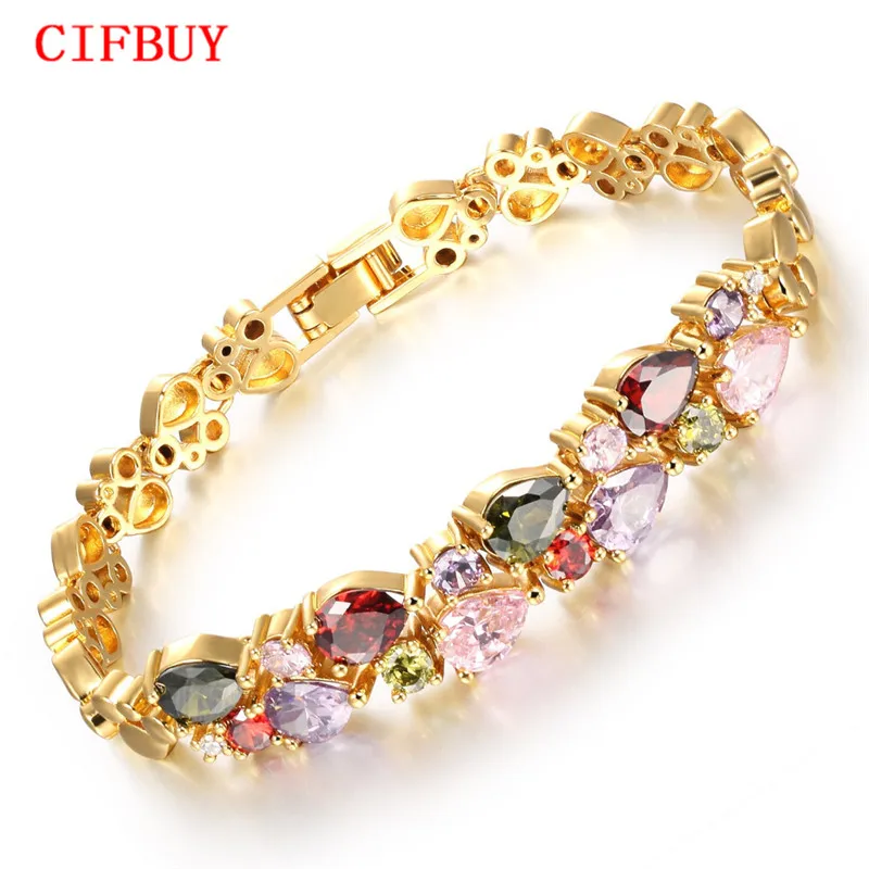 

Multicolor Cubic Zirconia Mona Lisa Woman Bracelets Vintage Gold Color Heart Design Women Link Chain Jewelry Gift KS950