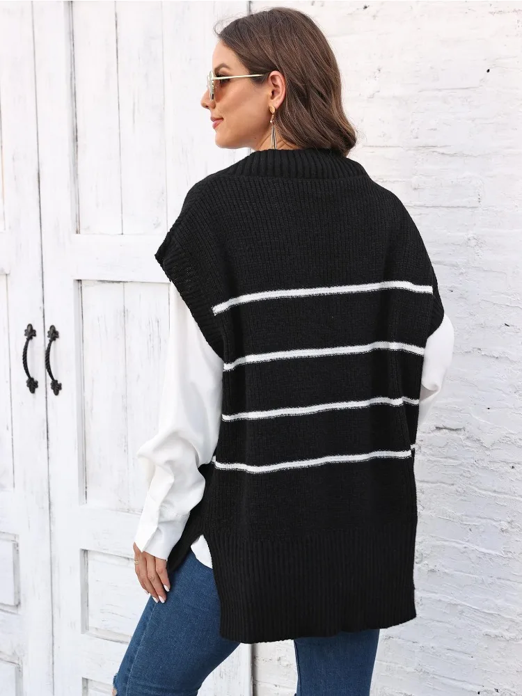 Striped Sweater Vest for Women Autumn and Winter Thick Fashion Sleeveless V  Neck Vest Vintage Loose Knitted Contrast Color Tops - AliExpress