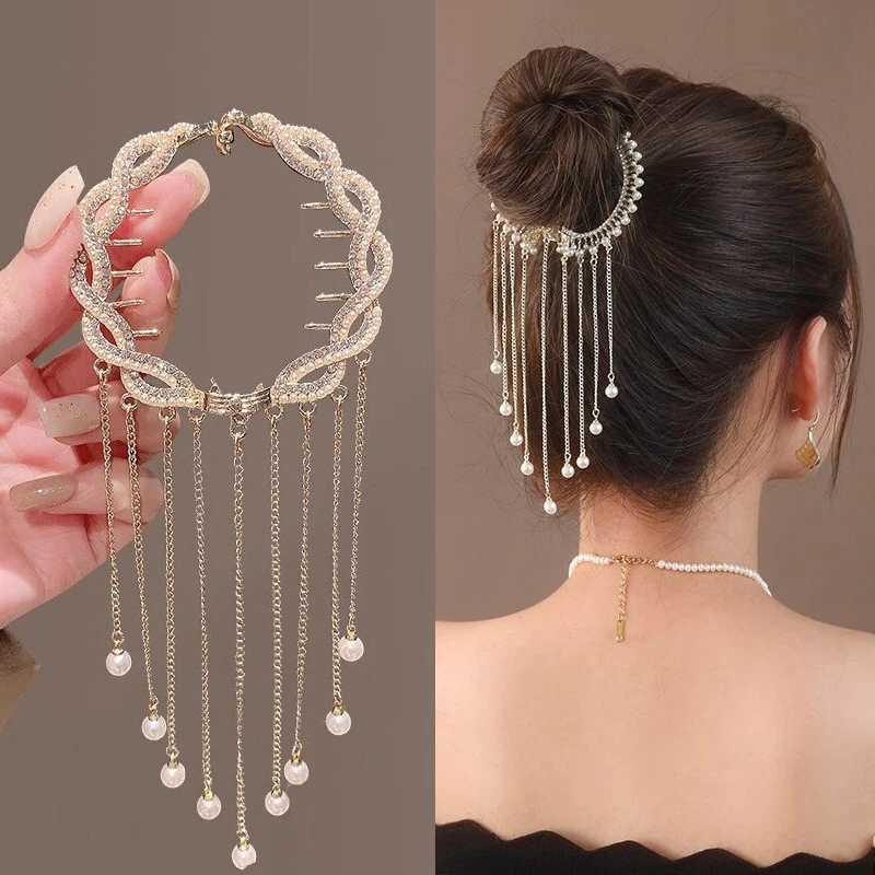 

Elegant Hair Claw Ponytail Buckle Ponytail Buckle Pearl Rhinestone Tassel Shark Clip Hairband Hair Clip Girl Women Headdress