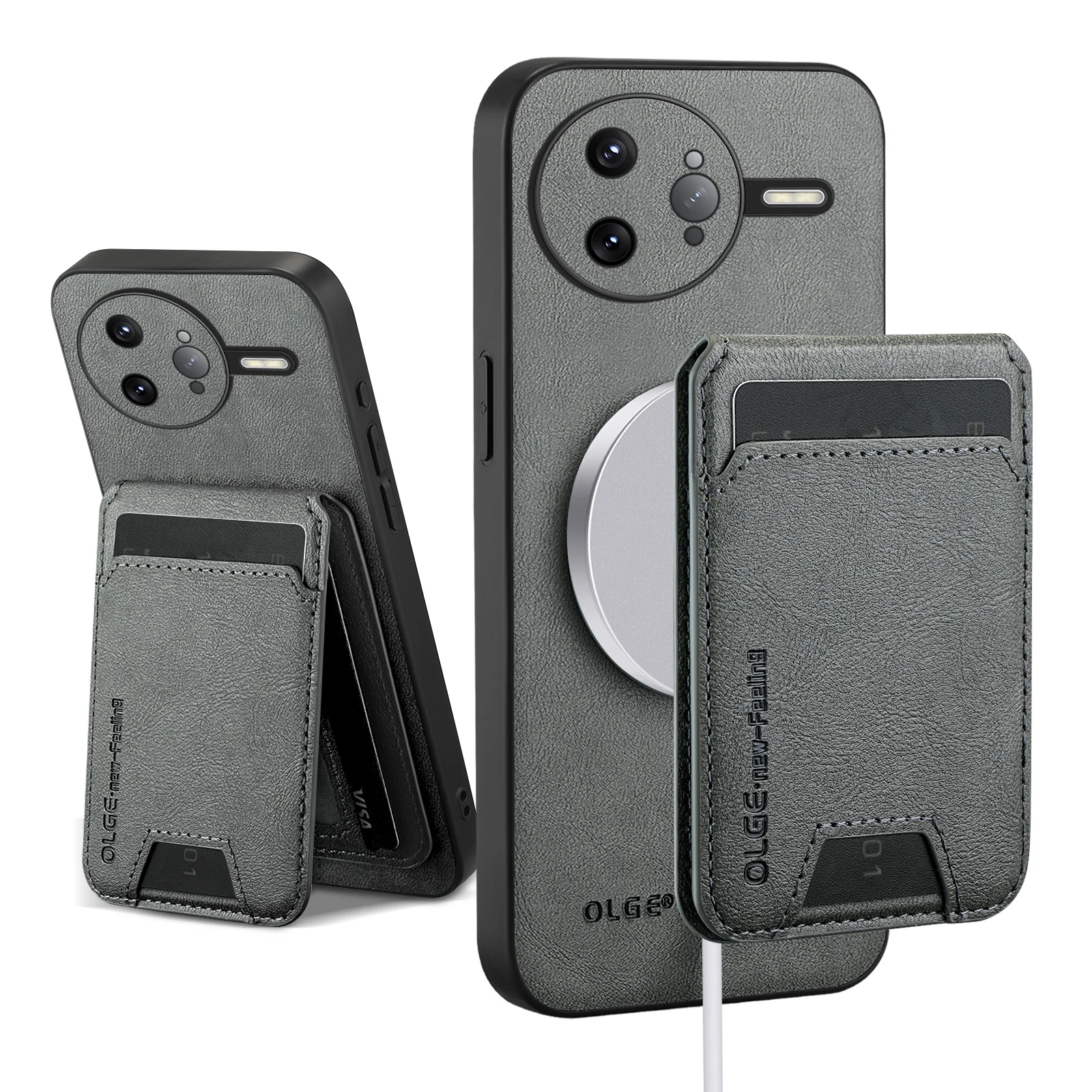 Magnetic Leather Wallet Card Holder Case with Mag-Safe Stand and Full Camera Protection