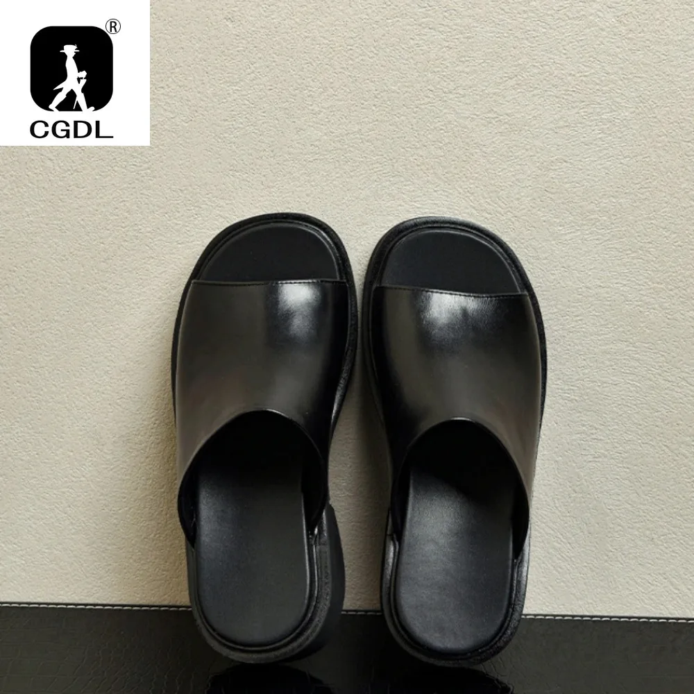 6CM High Heel Mens Casual Leather Slippers Luxury Handmade Genuine Leather Outdoor Fashion Platform Summer Party Sandals Man