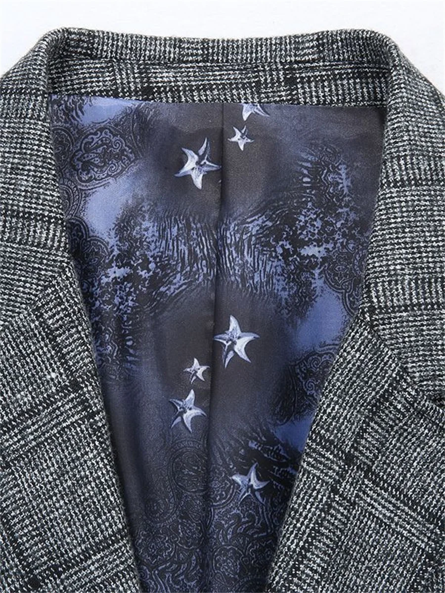 Khaki Plaid Male Suit Jackets New Fashion Gray Business Casual Single-Breasted Coat 2023 Autumn High Quality Men Slim Fit Blazer