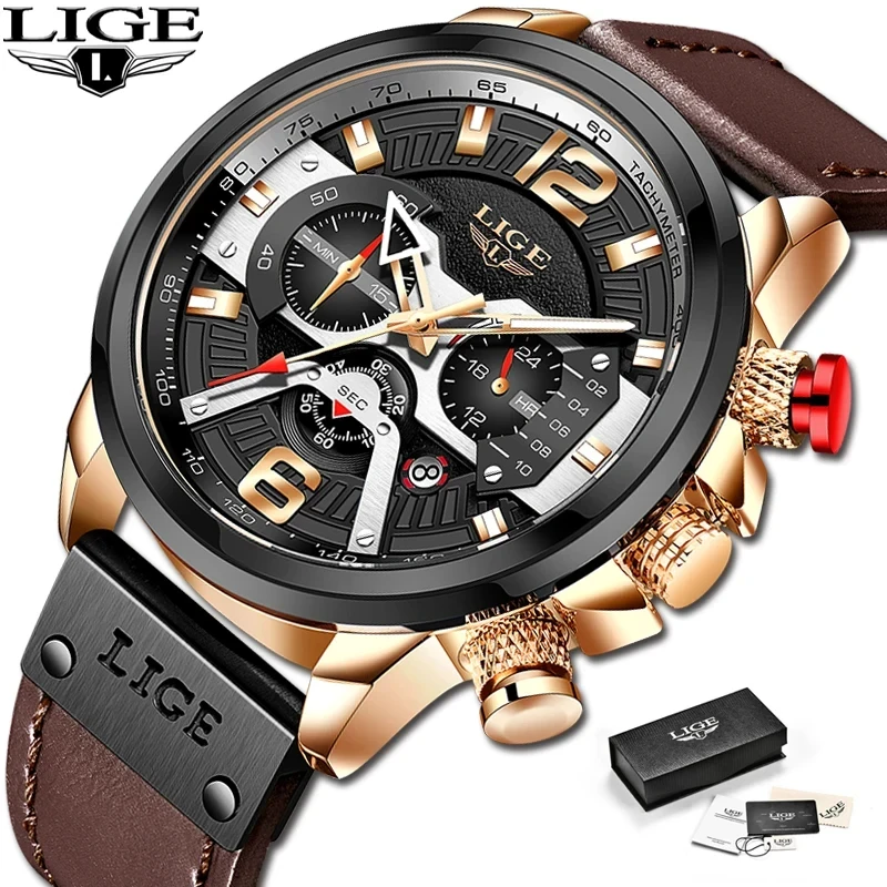 LIGE Orologio Uomo Mode Elegant Acciaio Inossidabile Pelle Impermeabile Analogico Quarzo Classico Cronografo Uom Bracciale