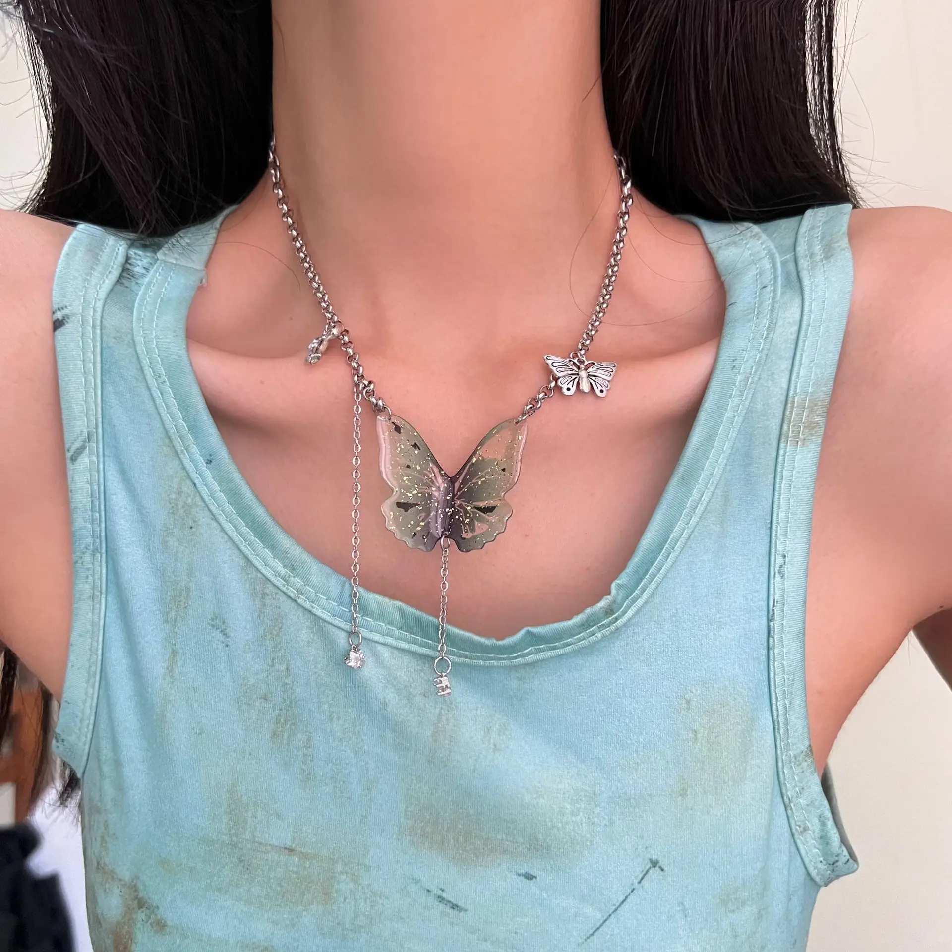 Y2K Butterfly Pendant Necklace Sweet Cool Goth Crystal TasselChain Choker for Women Punk Fashion Jewelry Gift Accessory 2024 Hot