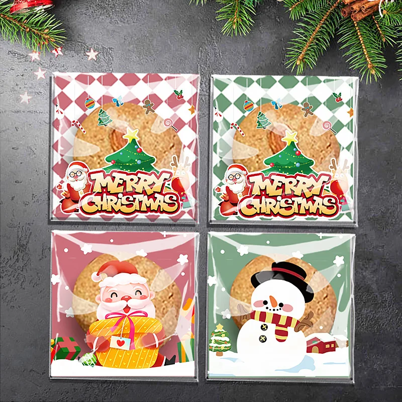 

100pcs Christmas Gift Bags Snowman Santa Claus Self Adhesive Cookies Candy Snack Packaging Bags Xmas Party Decoration Supplies