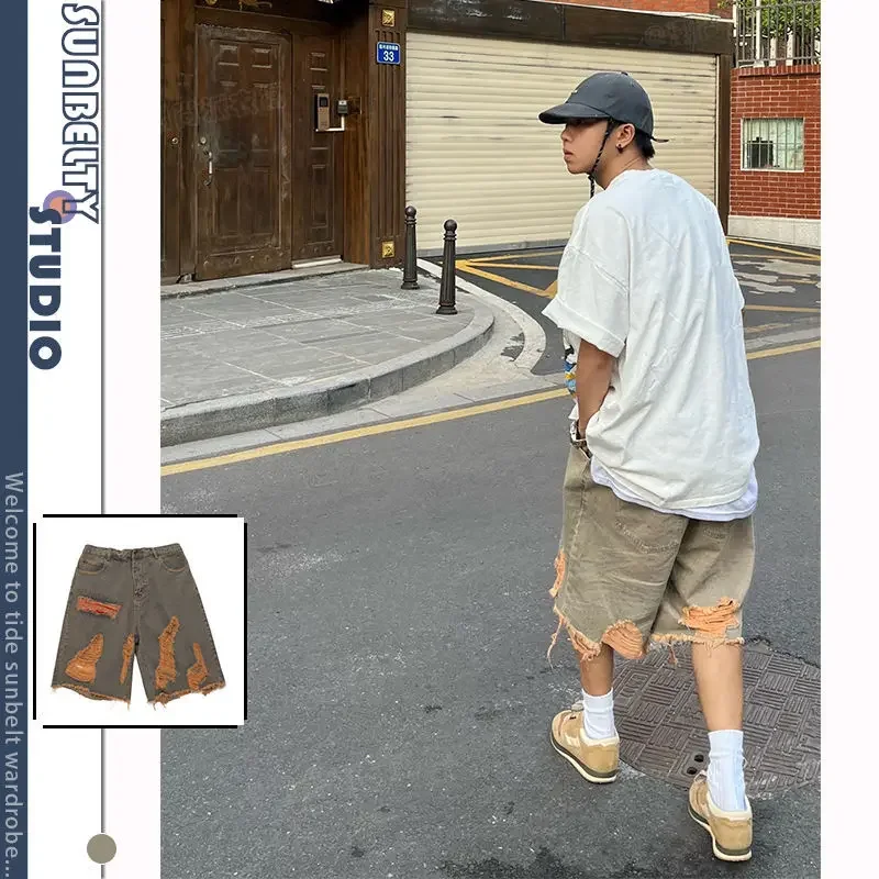 Denim Shorts Casual Shorts Street Washed Distressed Raw Hem Ripped Denim Retro Men Clothing Summer Loose Straight Knee Length Solid Pants denim shorts summer jeans shorts
