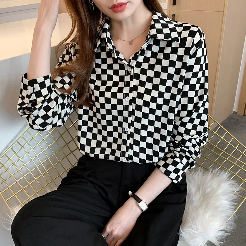 

Шифоновые женские рубашки свободные клетчатые винтажные блузки весенне-летняя одежда модные женские Топы с длинным рукавом YCMYUNYAN