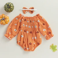 Citgeett Autumn Halloween Infant Baby Girl Jumpsuit Cartoon Pumpkin Print Off Shoulder Long Sleeve Bodysuit + Bow Headband 3