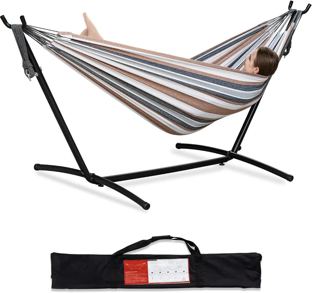 

PNAEUT Double Hammock with Space Saving Steel Stand Included 2 Person Heavy Duty Outside Garden Yard Outdoor 450lb Capacity