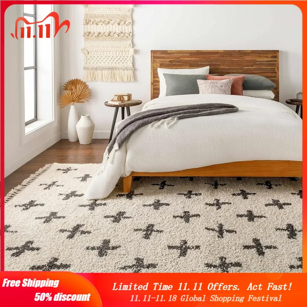 Berber Shag Collection-Alstead Farmhouse Living Room Bedroom Area Rug with Tassel-Fluffy Plush High Pile Carpet