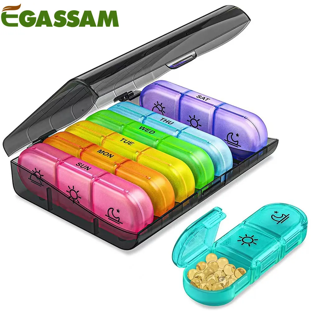 Portable Weekly 7-Day Pill Organizer, Travel Medicine Box, Rainbow Color, BPA Free with Easy Push Button Design Case Holder for Pills/Vitamin