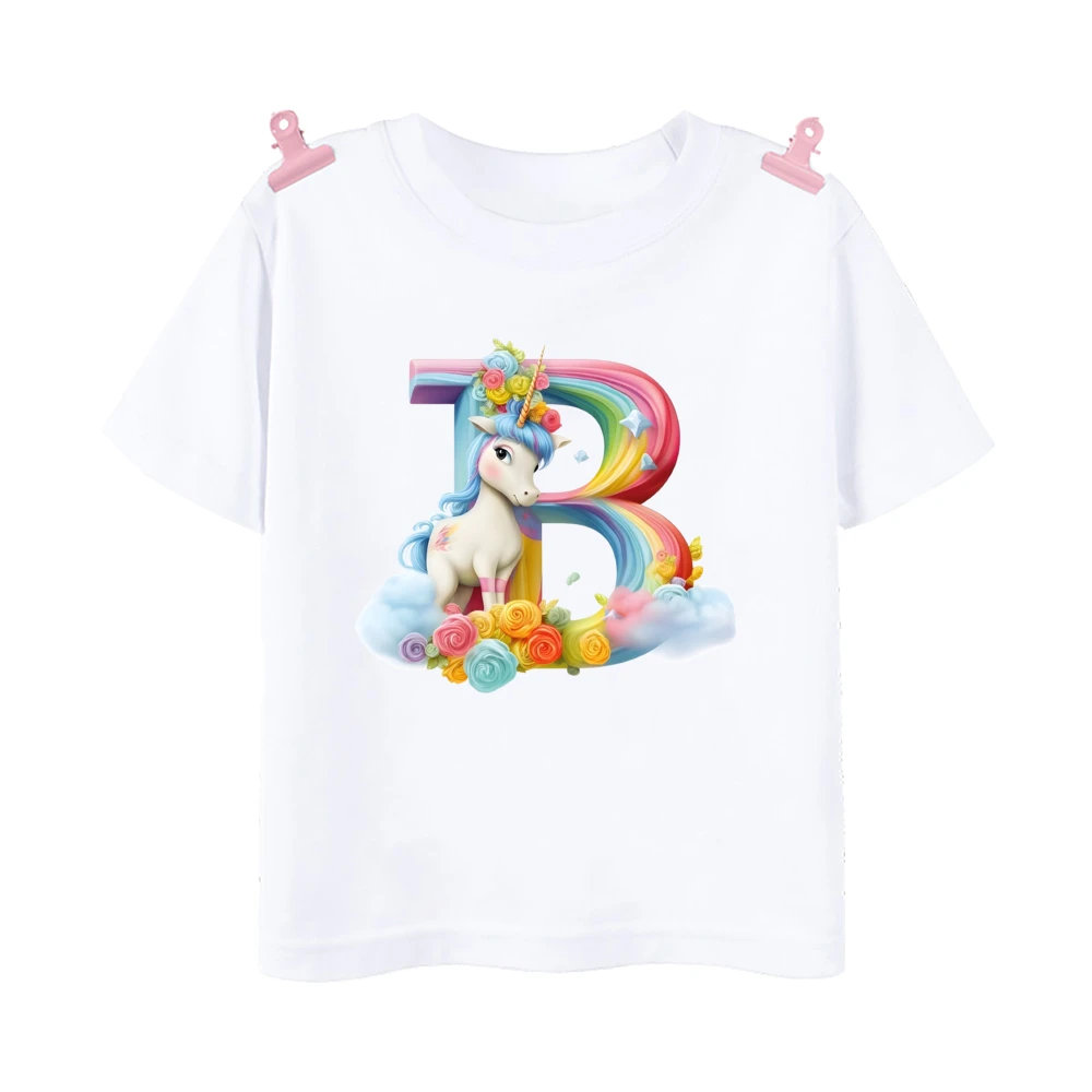 Unicorn Rainbow Initial A-Z Printed Kids Shirt Child Summer T-shirt Boys Girls Short Sleeve Tops Clothes Cute Toddles Outfit Tee 4