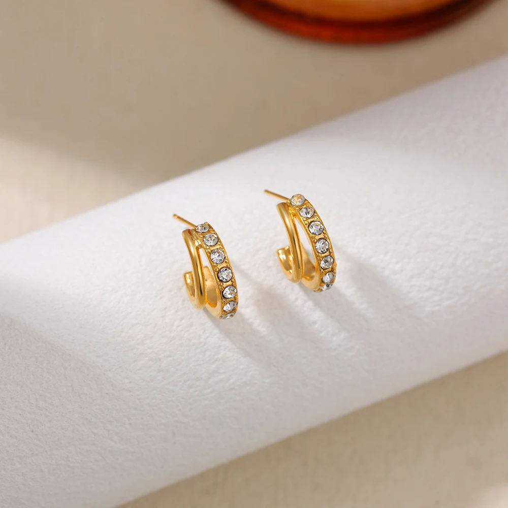 Double-layer C-shape Hoop Earrings for Women Small Round Zircon Huggie Earring Party Gifts Wedding Jewelry Accessories Bijoux