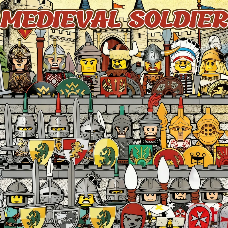 Mittelalterliche Burg-Soldaten-Figuren Bausteine Militär Römisches Reich Ritter Wache Schwere Kavallerie Infanterie Krieger Bausteine Spielzeug Junge