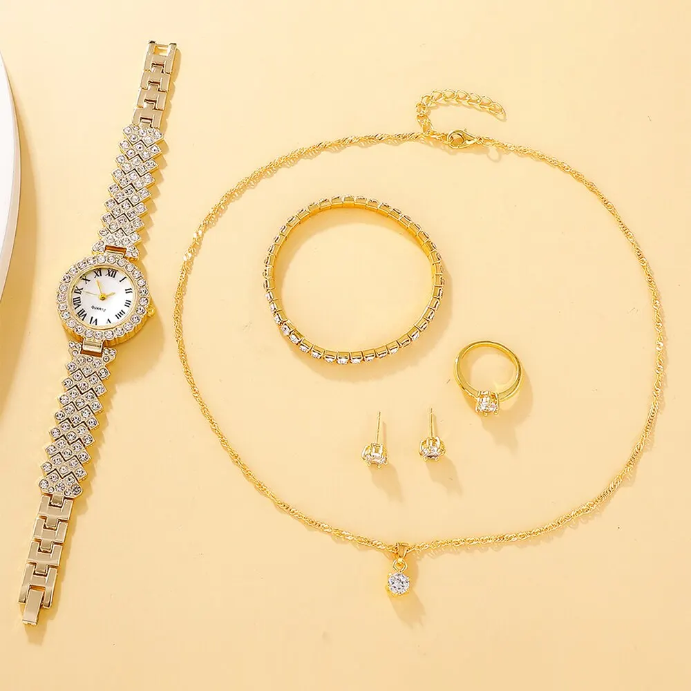 Women Watches 6pcs Set Watches Luxury Rhinestone Women Fashion Wristwatch Quartz Watch For Girl Ladies