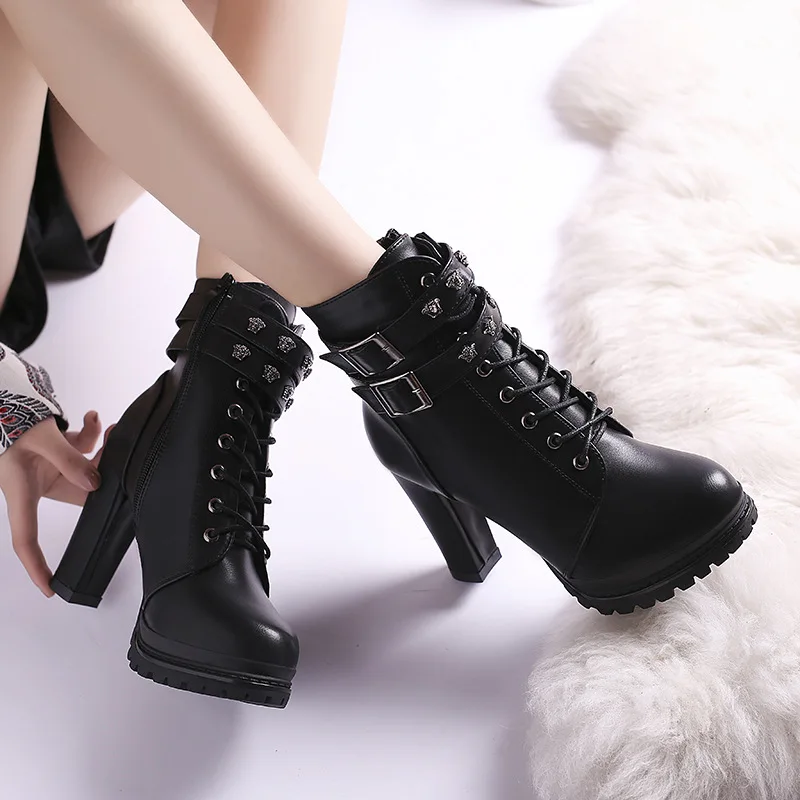 Winter Autumn Women Motorcycle Ankle Boots Chunky heel Female Lace Up Platforms Black Leather Oxford Shoes Woman Red Boots
